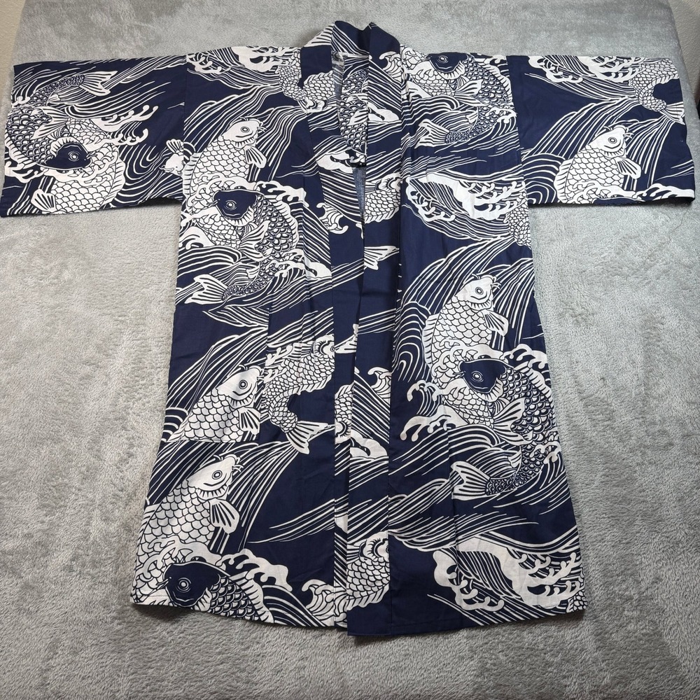 Japanese Yukata Kimono Robe Mens 36 Blue Koi Fish Wave Print Belted Cotton Japan